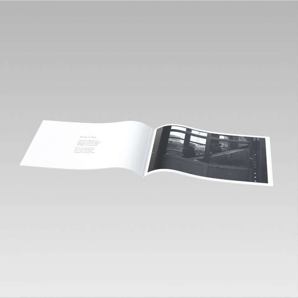 Open-book mockup pairing the "Tren E | E Train" text spread with an E train interior photograph.